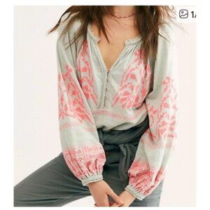 Free People XS Persuasion Embroidered Top Boho Peasant Balloon Sleeve Green Pink